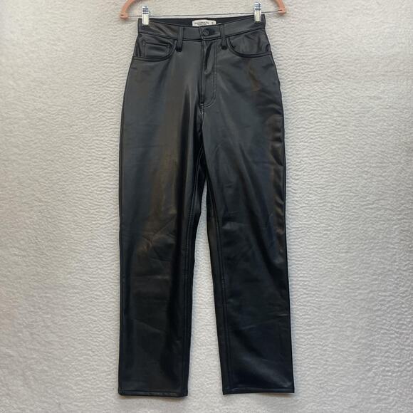 Abercrombie & Fitch Pants Womens 25 Black Vegan Leather Ankle Straight High Rise - Picture 1 of 10